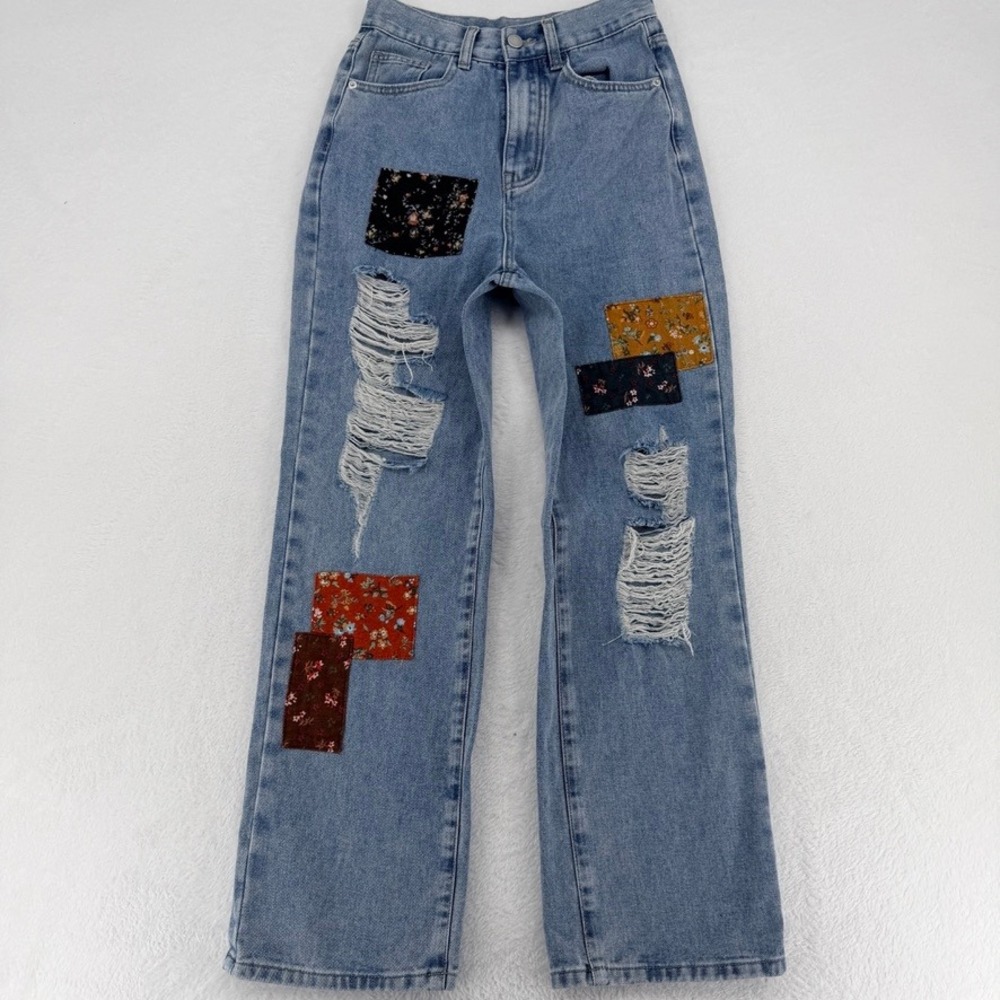 Cider Patchwork Distressed Straight Leg Jeans Size S